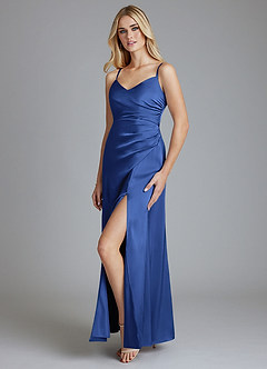 Azazie Azuree Vestidos de damas de honor Vestido de Azul Real de Satén Elástico de Corte en A con Plisado image4