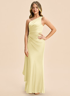 Azazie Holly Junior Lemon Sorbet Sheath Pleated Stretch Satin Dress image3