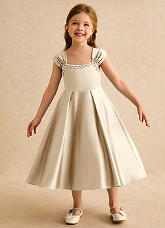 Azazie Yosemite Jurken voor bloemenmeisjes Baljurk Jurk van Mat Satijn Sweetheart Halslijn Champagne image3