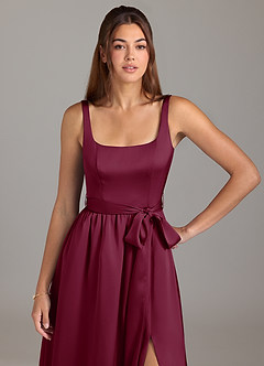 Azazie Elliott Bridesmaid Dresses Mulberry A-Line with Pockets Stretch Satin Dress image2
