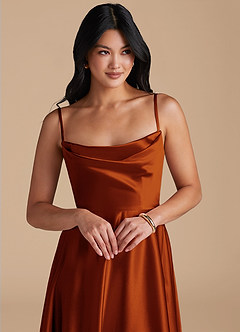 Azazie Elle Probar vestidos en casa Vestido de Castaño de Satén Metálico de Corte en A con Con bolsillos image3