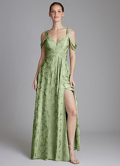 Azazie Emoria Bridesmaid Dresses Sage Green Jacquard A-Line Off the Shoulder Jacquard Dress image6