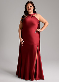 Azazie Kinsley Robes de demoiselle d'honneur Robe Sirène en Satin extensible Fente latérale Écarlate image8