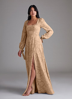Azazie Leonia Bridesmaid Dresses Champagne A-Line Long Sleeve Floral Burnout Dress image2