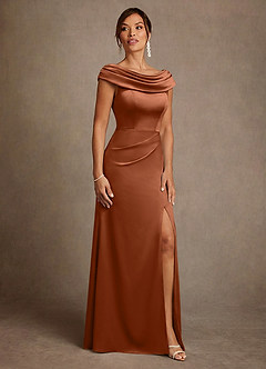 Azazie Irvine Mother of the Bride Dresses Copper A-Line Pleated Stretch Satin Dress image4