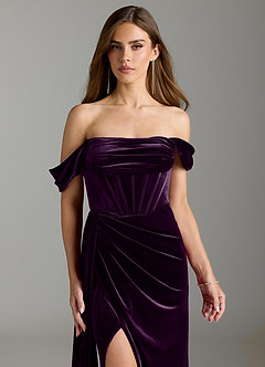 Azazie Amyra Bridesmaid Dresses Grape Sheath Off the Shoulder Velvet Convertible Dress image4