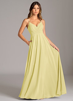 Azazie Amani Vestidos de damas de honor Vestido de Sorbete De Limón de Gasa de Corte en A con Plisado image6