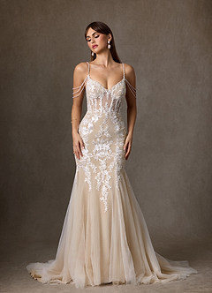 Azazie Denise Abiti da Sposa Abito Sirena in Tulle Lustrini Bianco Diamante Champagne image4