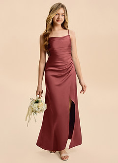 Azazie Minnie Junior Terracotta Sheath Ruched Stretch Satin Dress image5