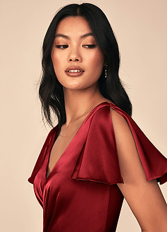 Azazie Soren Bridesmaid Dresses Scarlet A-Line Pleated Stretch Satin Dress image6
