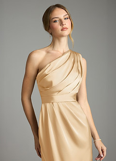Azazie Emorie Bridesmaid Dresses Gold Sheath One Shoulder Stretch Satin Dress image2