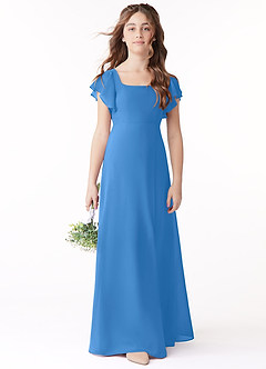 Azazie Bondi Junior Blue Jay A-Line Bow Chiffon Dress image2