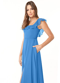 Azazie Jinny Vestidos de damas de honor Vestido de Azul Grisaceo de Gasa de Corte en A con Cuello Cuadrado Acanalado image5