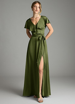 Azazie Lainey Bridesmaid Dresses Olive A-Line with Pockets Stretch Satin Dress image3