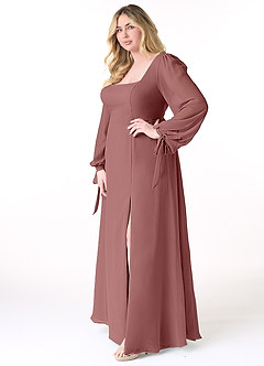 Azazie Leonia Robes de demoiselle d'honneur Robe Trapèze en Mousseline de soie Manche longue Rose Du Désert image10