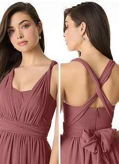 Azazie Olani At-home Try On Dresses Dusty Blue A-Line Off the Shoulder Chiffon Convertible Dress image5