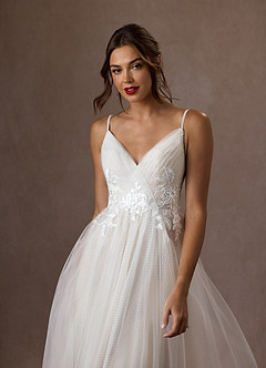 Azazie Liana Wedding Dresses Diamond White A-Line V-Neck Sequins Tulle Dress image4