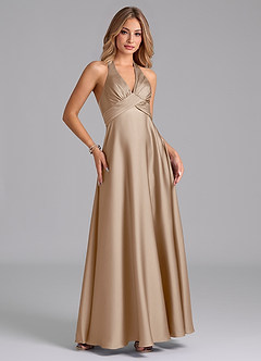 Azazie Tessie Bridesmaid Dresses Taupe A-Line Pleated Stretch Satin Dress image4
