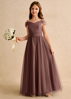 Azazie Yuna Girls Formal Abiti da Ragazza di Fiori Abito A-Line in Tulle Spalle Scoperte Espresso image5