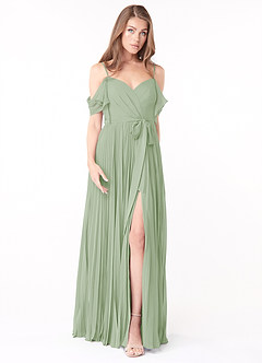 Azazie Lyney Bridesmaid Dresses Dusty Sage A-Line Off the Shoulder Chiffon Dress image1