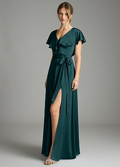 Azazie Lainey Bridesmaid Dresses Pine A-Line with Pockets Stretch Satin Dress image4