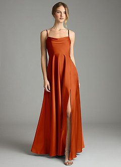 Azazie Elle Bridesmaid Dresses Burnt Orange A-Line Pleated Stretch Satin Dress image1