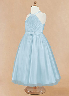 Azazie Honey Flower Girl Dresses Sky Blue A-Line Beaded Matte Satin Dress image9