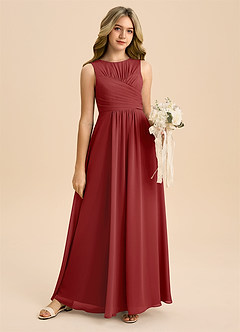 Azazie Skyla Junior A라인 주름진 쉬폰 플로어 길이 주니어 신부 들러리 드레스 image6