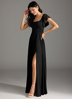 Azazie Bondi Bridesmaid Dresses Black A-Line Ruched Mesh Dress image4