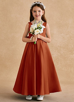 Azazie Honey Bear Flower Girl Dresses Paprika A-Line Pleated Matte Satin Dress image3