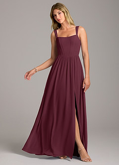 Azazie Rosaline Bridesmaid Dresses Cabernet A-Line Side Slit Chiffon Dress image1