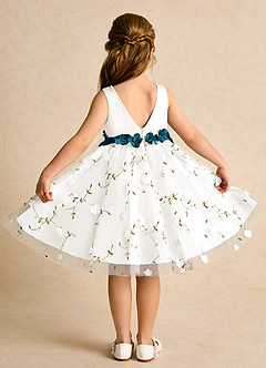 Azazie Starri Flower Girl Dresses Ivory Ink Blue Ball-Gown Beaded Matte Satin Dress image2