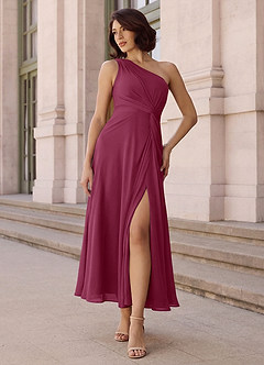 Azazie Brooke Brautjungfernkleider A-Linie One-Shoulder Chiffon Kleid Maulbeerrot image2