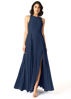 Azazie Lindie Robes de demoiselle d'honneur Robe Trapèze en Mousseline de soie Plissé à encolure dégagée Bleu Marine Foncé image1