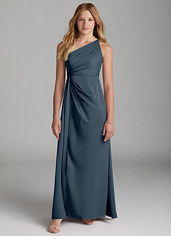 Azazie Mika Junior Robe Trapèze en Satin extensible Plissée Violet Crépusculaire image3