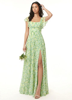 Azazie Bondi Vestidos de madrinha de casamento Vestido Sálvia Floral Sonhadora de Chiffon de Linha A com Franzido image2