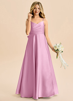Azazie Rumi Junior Candy Pink A-Line Pleated Stretch Satin Dress image4