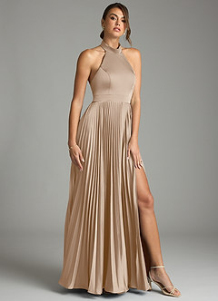 Azazie Zienna 신부 들러리 드레스 A라인 주름진 스트레치 새틴 바닥 길이 드레스 image1