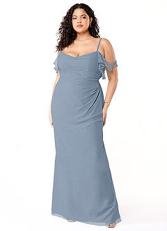 Azazie Emeralda Bridesmaid Dresses Dusty Blue Sheath Off the Shoulder Chiffon Dress image7