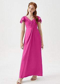 Azazie Soren Junior Fuchsia A-Line Ruched Stretch Satin Dress image4