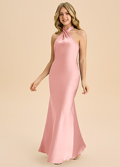 Azazie Chickie Junior Powder Pink Sheath Pleated Stretch Satin Dress image5