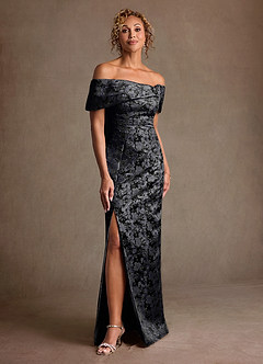 Azazie Zion Mother of the Bride Dresses Black Sheath Off the Shoulder Floral Jacquard Dress image1