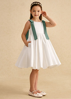 Azazie Stacie Flower Girl Dresses Ivory Eucalyptus A-Line Bow Matte Satin Dress image2