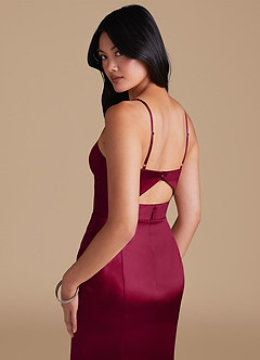 Azazie Shania Bridesmaid Dresses Burgundy Sheath Pleated Metallic Satin Dress image4