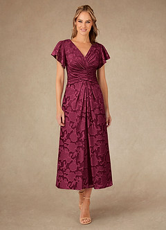 Azazie Vera Mother of the Bride Dresses Burgundy A-Line Pleated Floral Burnout Dress image1