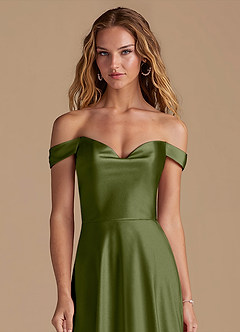 Azazie Jackalin Bridesmaid Dresses Olive A-Line Off the Shoulder Metallic Satin Convertible Dress image4