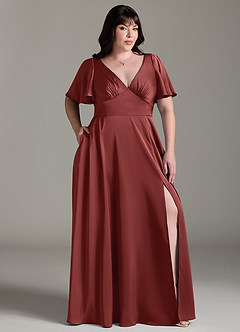 Azazie Kimber Robes de demoiselle d'honneur Robe Trapèze en Satin extensible Drapé Terracotta image9