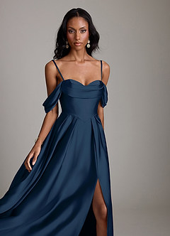 Azazie Loisa Abiti da Damigella Abito A-Line in Raso Elasticizzato a Spalla Scoperta Marino Scuro image3