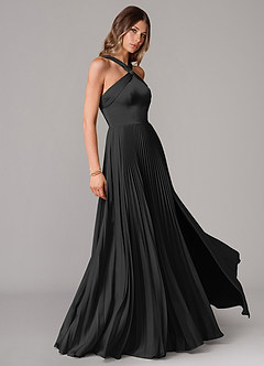 Azazie Afra Vestidos de damas de honor Vestido de Negro de Satén Elástico de Corte en A con Plisado image3