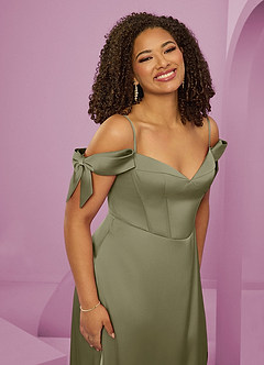 Barbie ♥ Azazie Bridesmaid Dresses Pistachio A-Line Off the Shoulder Stretch Satin Dress image14